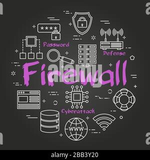 Vector black line concept of internet secure network technology as firewall Stock Vector