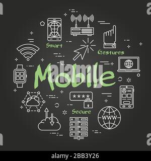 Vector black linear concept of internet mobile - smart technologies Stock Vector
