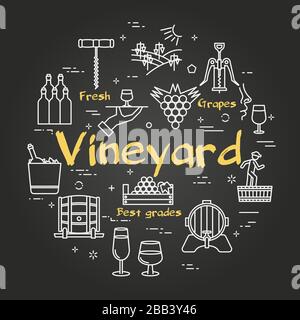 Vector black concept with icons showing wine making process and text vineyard Stock Vector
