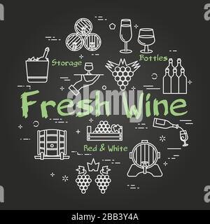 Vector black concept of winemaking with text Fresh Wine Stock Vector