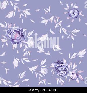 Seamless Floral pattern. Fashion background. Blossom. Lush leaves. Watercolor flowers. Print quality. Shades of blue Stock Photo