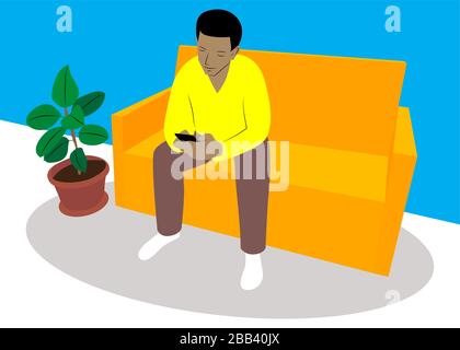 Black young man using smart phone while relaxing or working at home. Downloading app, surfing internet on mobile, messaging friends online and checkin Stock Vector