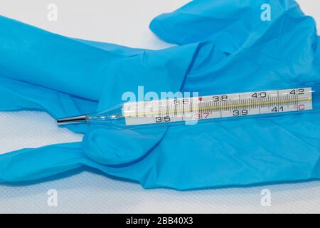 Thermometer macro, mercury instrument, measuring, indicating temperature medical equipment tool on blue rubber glove background Stock Photo