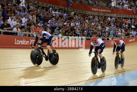 Great Britain's Chris Hoy, Jason Kenny and Philip Hindes in the Men's Team Sprint Final Stock Photo