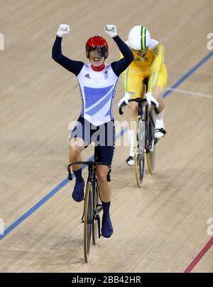 Great Britain's Victoria Pendleton celebrates her victory in the Kierin. Stock Photo