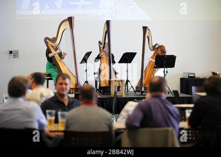 Harpony play for spectators at Epsom Downs Racecourse Stock Photo