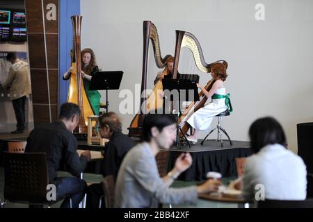 Harpony play for spectators at Epsom Downs Racecourse Stock Photo