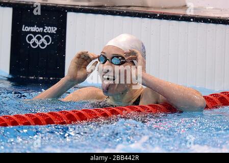 France's Camille Muffat celebrates winning gold in the Women's 400m Freestyle Final  at the Aquatics Centre, London, on the second day of the London 2012 Olympics. Stock Photo