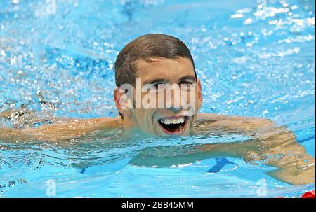 Michael Phelps of the  USA   Mens 4x200m Freestyle celebrates winning the final at the Aquatics Centre ,Olympic Park ,London Stock Photo