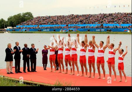 Canada's men's eight celebrate winning silver after the men's eight final at Eton Dorney Lake during day five of the London 2012 Olympic Games. Stock Photo