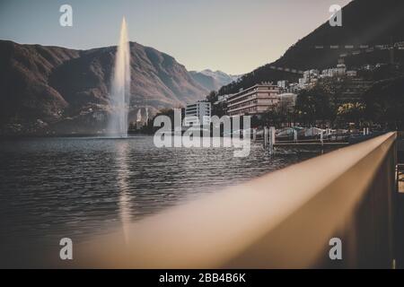 View Of The Fountain In Lake Lugano, Switzerland Stock Photo