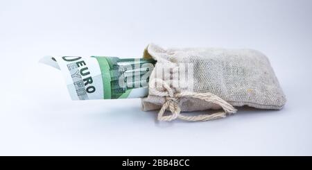 bag full of euro banknotes isolated on white background, EuroBag Stock Photo