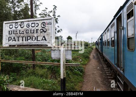 Sri Lanka, Central Province, Kandy to Badulla train alongside tea plantation Stock Photo