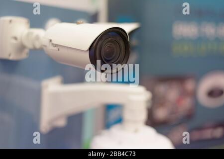 Security CCTV camera or surveillance system in office building, Intelligent cameras can record video all day and night to keep you safe from thieves. Stock Photo