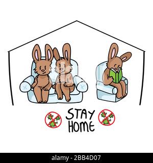 Corona virus kids cartoon stay home cute bunnies on couch reading infographic. Educational graphic self isolate family. Friendly social icon for Stock Vector