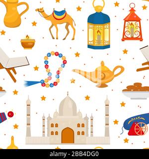 Ramadan kareem seamless pattern with arabic design elements camel, quran, lanterns, rosary, food, mosque. Vector illustration Stock Vector