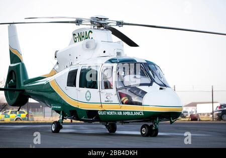The Great North Air Ambulance, Eurocopter Dauphin AS365 N2, helicopter at Teesside airport near Darlington, County Durham, UK. 6/2/2020. Stock Photo