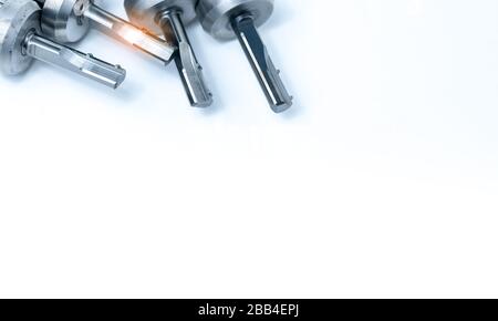 Set of special tools on white background. Made to order special tools. Closeup detail tip of reamer. HSS cemented carbide. Carbide cutting tool for Stock Photo