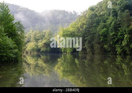 Mist rises from a tranquil section of the Ocoee river in Tennessee in early summer. Stock Photo