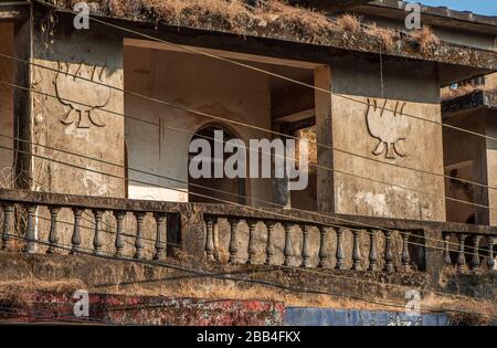Old post-colonial buildings Goa in Margao charming facades ornate walls moldy walls columns balustrades balusters and railings trip to Catholic India Stock Photo