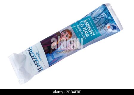 Disney Kitchen Disney Frozen II swirl lollies raspberry & peach flavour ice lolly isolated on white background Stock Photo