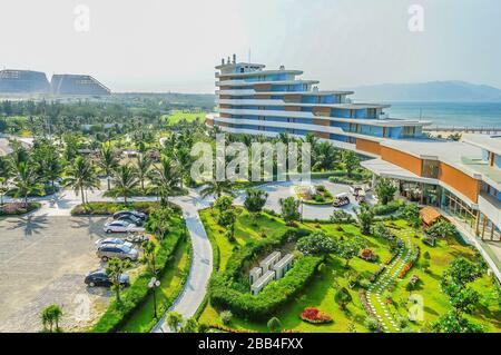 Amazing blue ocean and rocks in Eo Gio, Quy Nhon, Binh Dinh, Vietnam. Top view from Drone. Stock Photo