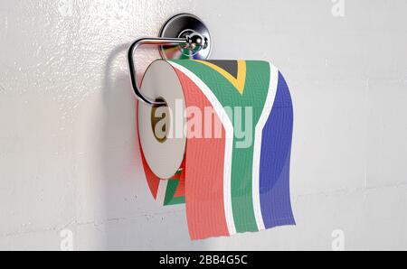 A roll of toilet paper with a print of the South African flag hanging on a chrome toilet roll holder - 3D render Stock Photo