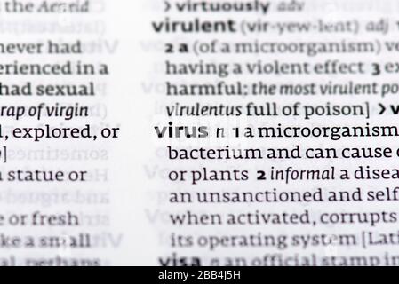 magnifying glass on Page of Book with definition of word virus in dictionary Stock Photo