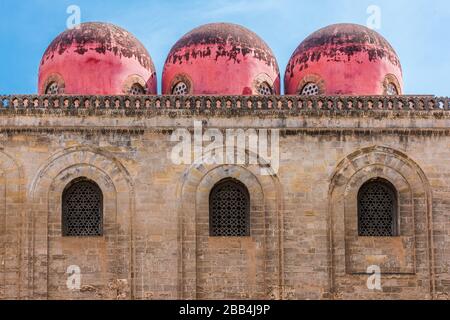 The Church of San Cataldo with its 3 red domes in the old town of Palermo, Sicily Stock Photo