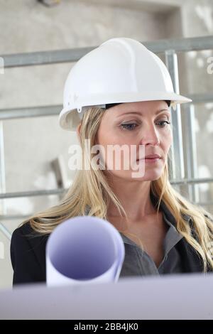 woman architect or construction engineer reading blueprint wear helmet inside a building site with scaffolding in the background Stock Photo