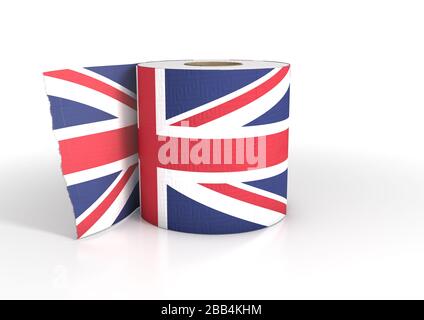 A single roll of toilet paper roll with a print of the union jack flag on it - 3D render Stock Photo