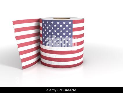 A single roll of toilet paper roll with a print of the USA flag on it - 3D render Stock Photo