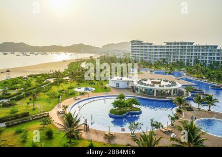 Amazing blue ocean and rocks in Eo Gio, Quy Nhon, Binh Dinh, Vietnam. Top view from Drone. Stock Photo