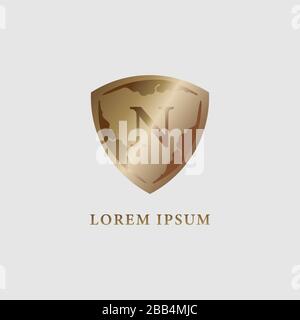 Letter N alphabet logo design template. Luxury gold decorative shield sign illustration. Security, protection logo concept. Initial abjad company logo Stock Vector