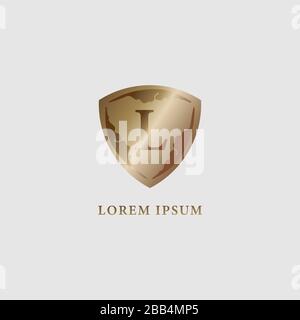 Luxury gold decorative shield sign illustration. Letter L alphabet logo design template. Security, protection logo concept. Initial abjad company logo Stock Vector