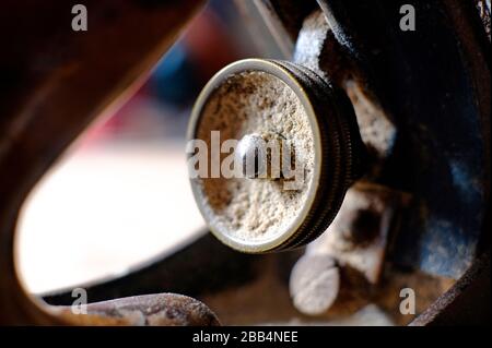 close up of old wood working plane with timber dust Stock Photo