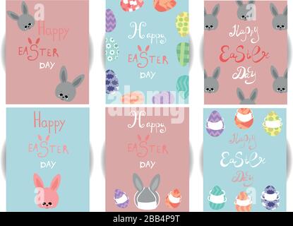 Happy easter. Cute rabbits and colored eggs. Coronavirus Prevention Epidemic. Religious holiday. Greeting card. Stock Vector