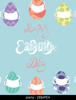 Easter card. Colored eggs in medical masks. Coronavirus. Epidemic. Religious holiday. Stock Vector
