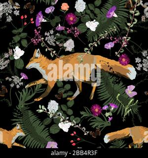 Seamless trendy vector patten with fox running leaves, flowers, plants. Stock Vector