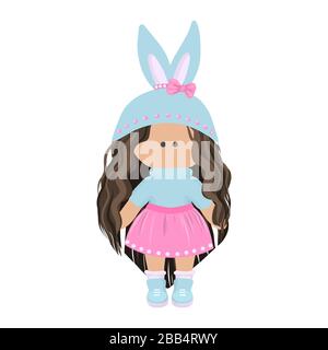 Cute girl doll with long brunette curly hair in a knitted hat with bunny ears, blue blouse and pink skirt. Children's cartoon character rag doll Stock Vector