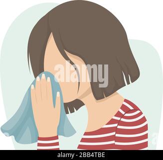 The girl sneezes into a handkerchief. How to cough correctly. Measures to prevent coronavirus. Stock Vector