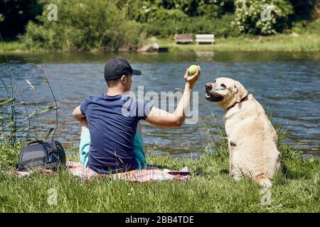 Summertime relaxation with dog. Young man playing with his labrador retriver on riverside. Stock Photo