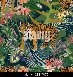 Seamless trendy exotic pattern with tiger, leaves, flowers, feathers. Stock Vector