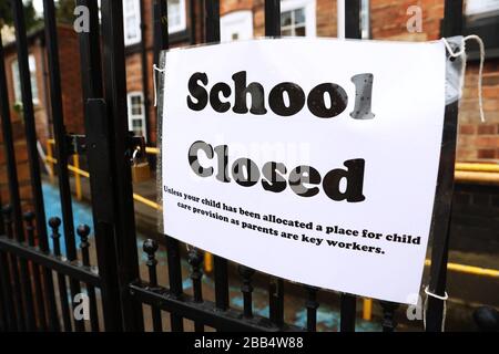 Signage outside a closed West Bridgford Infants School in Nottingham as the UK continues in lockdown to help curb the spread of the coronavirus. Stock Photo