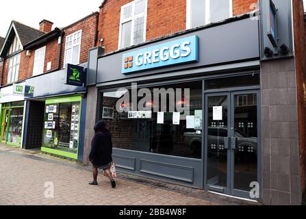 Signage outside a closed Greggs store in West Bridgford, Nottingham as the UK continues in lockdown to help curb the spread of the coronavirus. Stock Photo