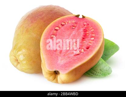 Isolated yellow pink fleshed guava. Whole yellow guava fruit and a half isolated on white background with clipping path Stock Photo