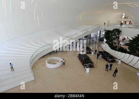 Interior of Heydar Aliyev Center, a cultural complex in Baku, Azerbaijan. Modern curved lines in white colors. Designed by Zaha Hadid architect. Stock Photo