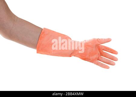 Hand in rubber gloves for cleaning isolated on a white background. With clipping path. Stock Photo