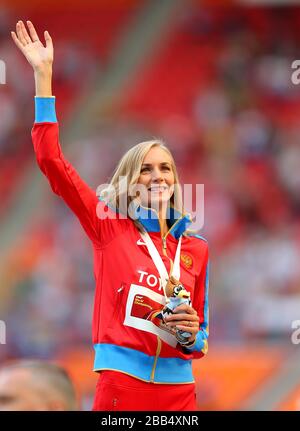 Russia's Svetlana Shkolina celebrates winning gold in the Women's High Jump Stock Photo