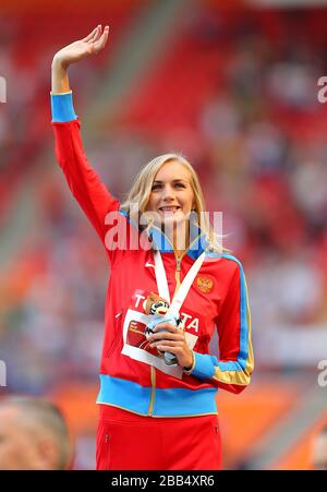 Russia's Svetlana Shkolina celebrates winning gold in the Women's High Jump Stock Photo